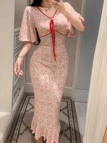 Dazy Tall Women's V-Neck Ruffle Sleeve Waist Cinched Elegant Long Dress Boho Sun Dresses For Women Vacation Outfits Women Summer, Tall Women - Red - View 4