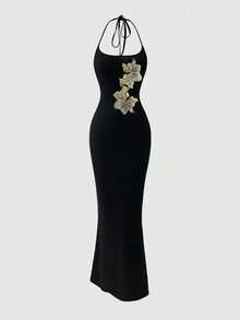 Cévolie 女士优雅度假连衣裙，适合春夏穿着，系带腰身设计，黑色修身连衣裙，花卉装饰连衣裙，正式礼服，女士晚礼服，女士派对礼服，吊带连衣裙 - 黑色 - 查看 4