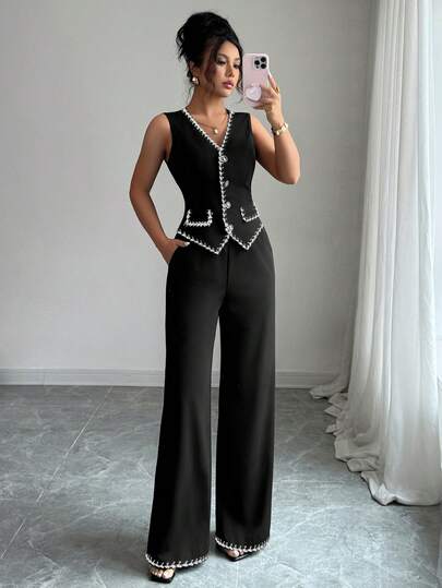 Elenzga Women's V-Neck Vintage European-Style Exquisite Button Sleeveless Business Work Office Pocket Flap Contrast Color Trim Knit Woven Small Multicolor Trim Edge Commuter Vest Retro Pocket Hem Contrast Color Trim Vintage Black Exquisite Elegant Commuter Casual Office Suit Two Pieces