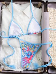 Swim Vcay 女士泳衣套装，海岛海滩度假风流苏装饰比基尼两件套，撞色滚边休闲泳装，适合泳池派对，性感 - 彩色 - 查看 2