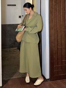 DAZY 女士休闲纯色系带衬衫和半裙两件套，春夏款 - 綠色 - 查看 8