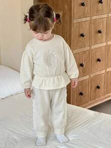 Dazy Kids 女婴休闲圆领长袖卫衣长裤两件套 - 杏色 - 查看 3