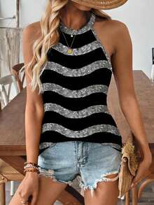 EMERY ROSE Blusa de mujer casual de cuello redondo con estampado de rayas negras y blancas, adecuada para uso diario casual y atuendos de vacaciones - Multicolor - Ver 3