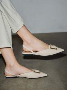 FRIFUL Metal Decor Point Toe Slingback Flats, Back Strap Camel Color Elegant Pure Metal Solid Color Women's Flat Shoes Spring Shoes - Beige - View 3