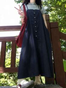 FRIFUL Women's Solid Color Button Decor Casual Denim Cami Dress - Dark Wash - View 3