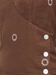 Nöista Two Pieces Set With A Halter V-Neck Top And Matching Wide-Leg Pants In Textured Brown Fabric With Sun Embroidery. . Perfect For Travel, Weekends, And Summer Days, Vacation Outfit, Boho, Festival, Spring, Holiday Look. - Brown - View 9