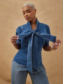 Vixey Denim Volume Balloon Sleeve Tie Neck Blouse, Street Style, Off Duty, Casual Chic - Dark Wash - View 2