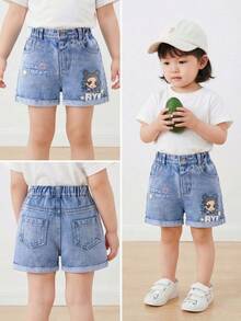 1pc Young Girls Light Teal Summer Denim Shorts,Cartoon Letter Embroidery Elastic Waist Loose Straight Cuffed Jean Shorts For Kids Toddler Girls - Light Wash - View 1