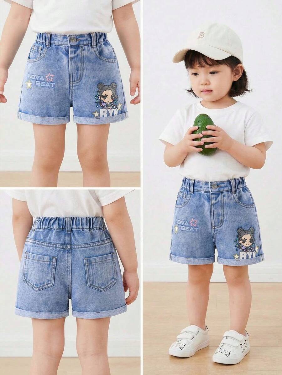 1pc Young Girls Light Teal Summer Denim Shorts,Cartoon Letter Embroidery Elastic Waist Loose Straight Cuffed Jean Shorts For Kids Toddler Girls - Light Wash - View 1