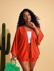 Slaydiva 2pcs/Set Plus Size Women's Music Festival Tie Front Long Sleeve Top And Shorts,Red And White,Autumn,Smart Casual,Vacation Orange Kimonos Yacht Outfit - Orange - View 7