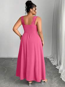 Elenzga Plus Size V-Neck Contrast Lace Spaghetti Strap Ruffle Hem Bodycon Split Dress - Hot Pink - View 2