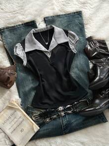 Glimmora Women's Slim Fit Polo Collar 2 In 1 T-Shirt - Multicolor - View 7