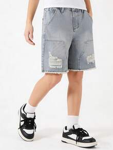 Pantalones cortos de mezclilla desgastados para niños, estilo de ropa urbana Y2K, dobladillo deshilachado, lavado vintage azul claro, uso diario casual, ajuste holgado y cómodo de algodón, adecuado para la escuela, al aire libre, fiestas, vacaciones - Lavado ligero - Ver 3