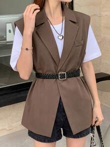 DAZY 女士前扣无袖口袋纯色休闲马甲 女士西装外套 秋冬商务装 - 棕色 - 查看 7