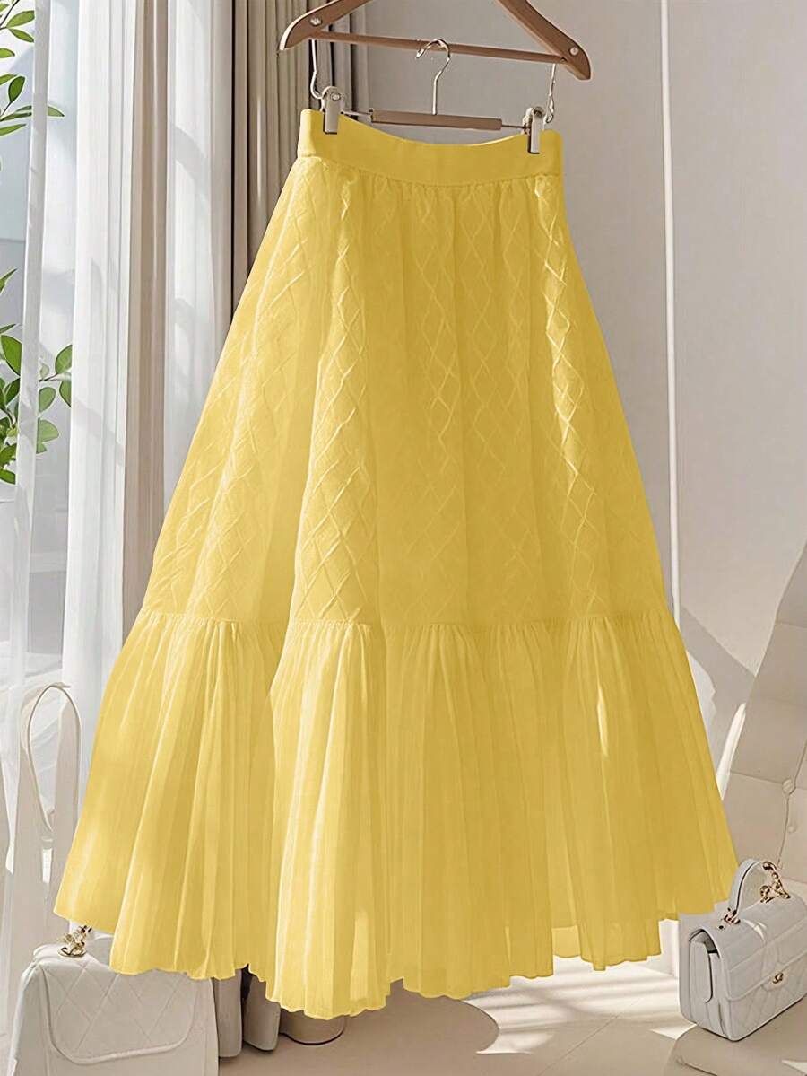 Franclia 女士时尚优雅通勤百搭雪纺拼接A字褶裙，夏季 - 黃色 - 查看 1