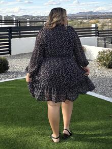 Enliva Đầm dáng rộng tay phồng, cổ buộc dây, họa tiết hoa nhí, viền bèo nhún, dành cho nữ, phù hợp với dáng người quả táo và tròn trịa, thích hợp cho mùa hè. - Đen và trắng - Xem 2