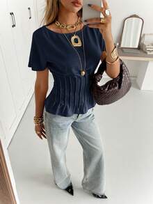 Siren Gaze Women's Solid Color Round Neck Batwing Sleeve Cinched Waist Blouse,Summer Top - Grey - View 6