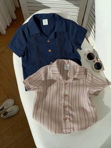 SHEIN 2件套男女宝宝休闲度假梭织短袖衬衫，春夏宝宝服装，短袖上衣 - 彩色 - 查看 4