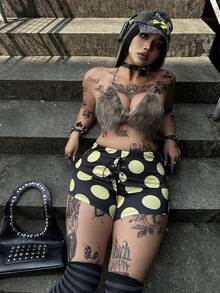 Whyspr Casual Punk Music Festival Coachella Plus Size Women's Summer Polka Dot Contrast Color Print Drawstring Waist Super Short Tight Shorts - Multicolor - View 4