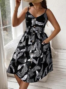 Ceyna Vestido de tiras finas con estampado de plumas para tallas grandes - Multicolor - Ver 1