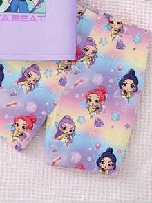 Young Girls 2pcs Pajama Set, Nova Beat Girl Group Printed Knit Tight Fit Round Neck Short Sleeve Top And Shorts, Spring/Autumn - Purple - View 6