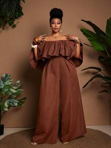Maweii Plus Size Brown Off Shoulder Cinched Waist Wide Leg Casual Jumpsuit - Brown - View 3