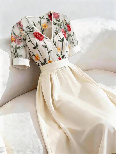 GlowEve Vestido corto de manga corta de longitud media, de color albaricoque, con bordados, parches, cuello en V, cintura acampanada, elegante, dulce, encantador, para uso diario, vacaciones, viajes, citas, estilo francés retro y versátil, apropiado para primavera y verano.