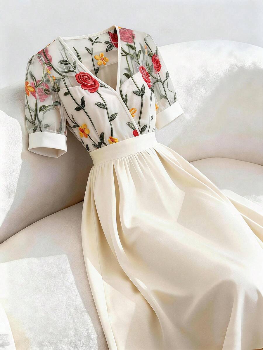 GlowEve 杏色刺绣拼接V领A字连衣裙，优雅甜美，日常通勤时尚约会法式街头复古百搭春夏新款短袖中长连衣裙 - 彩色 - 查看 1