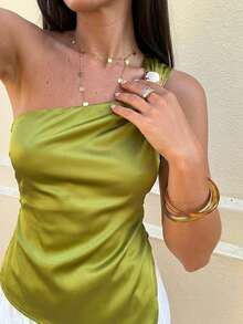 Aloruh Áo kiểu nữ màu trơn, cổ lệch, xếp ly, không tay, thanh lịch. - Màu Mù tạt vàng - Xem 10