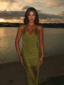 Aloruh 女士春夏新款绿色罩衫连衣裙，橄榄绿连衣裙，深V流苏连衣裙，奢华装饰派对连衣裙，性感优雅薄纱沙滩裙 - 橄欖綠 - 查看 8