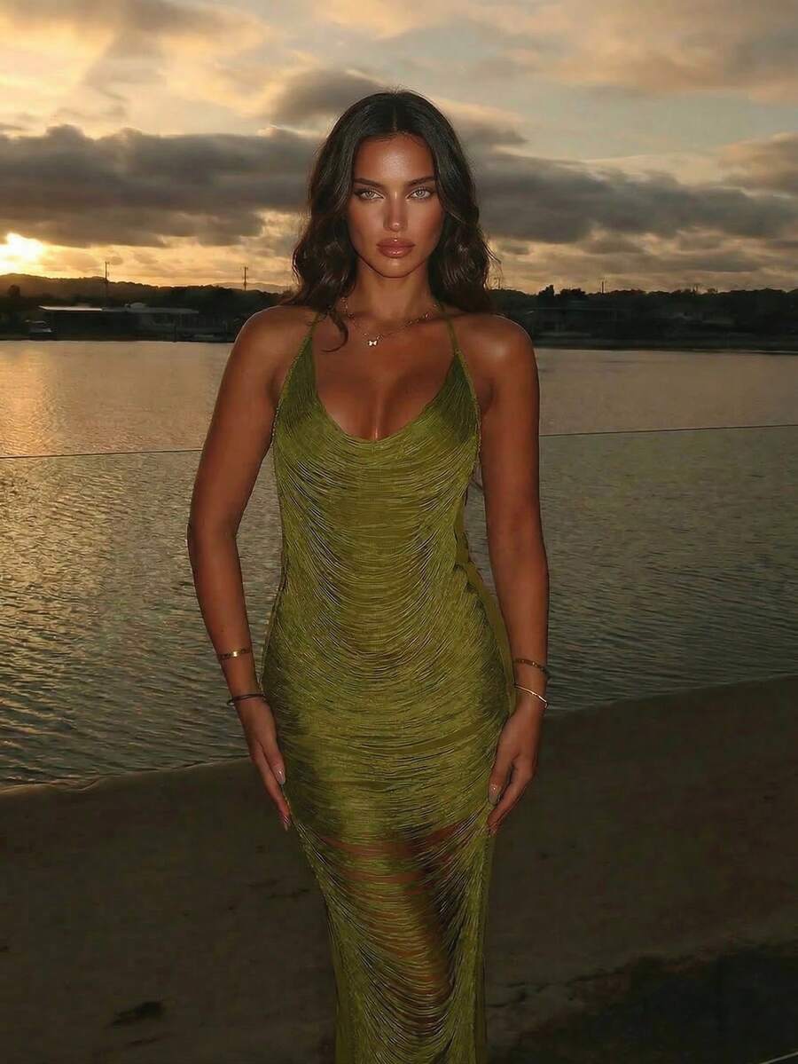 Aloruh Women's Spring/Summer New Green Cover Up Dress, Olive Green Dress, Deep V Fringe Dress, Luxurious Embellished Party Dress, Sexy Elegant Sheer Beach Dress - Olive Green - View 1