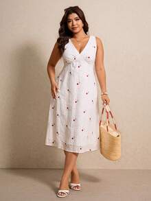 Elaquor 大码V领无袖夏季刺绣贴花连衣裙 女式连衣裙 刺绣连衣裙 白色连衣裙 无袖连衣裙 碎花连衣裙 - 白色 - 查看 3