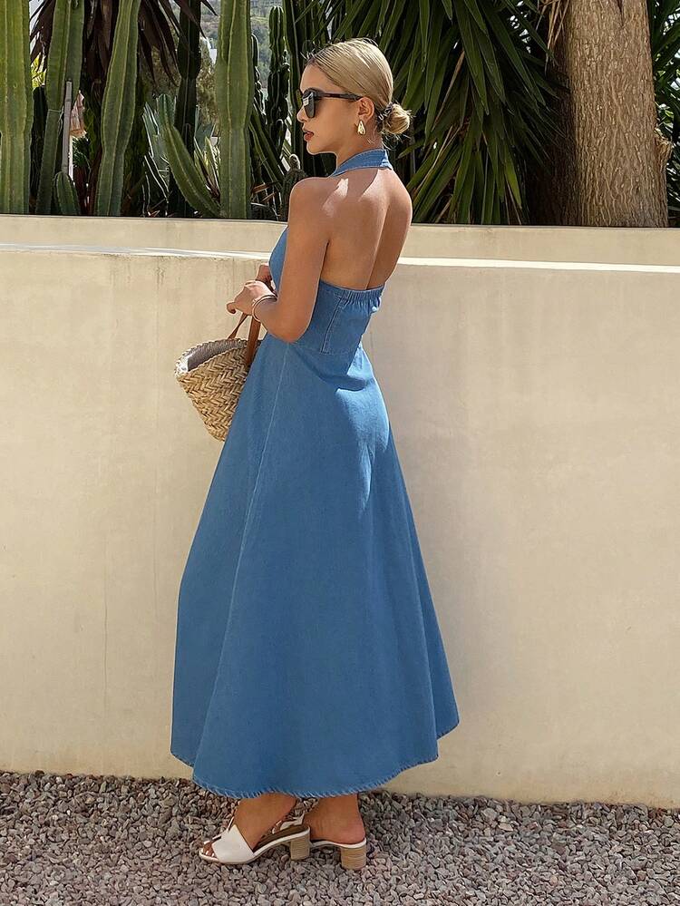 Women's Casual Washed V-Neck Sleeveless Denim Dress, Summer