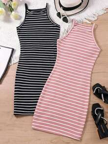 SHEIN Sparklyn Tween Girls' Casual Striped Camisole Dress Set - Multicolor - View 6