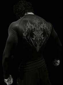 RISE LYT 男士哥特印花圆领插肩袖修身运动T恤 男士压缩上衣 男士长袖压缩衬衫 - 黑色 - 查看 3