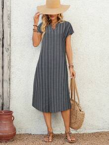 EMERY ROSE 女士夏季V领条纹印花短袖连衣裙 - 深灰色 - 查看 6