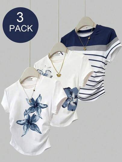 3pcs/Set Teenage Girls' T-Shirts, Blue Floral Print, Blue & White Striped Print, Suitable For Daily All-Match Matching, Fit For Spring, Summer, Autumn, Comfortable For Girls And Women, Suitable For Daily Wear, Outings, Slim Fit, Striped, Floral
