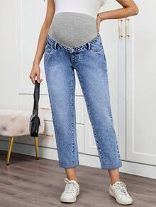SHEIN Maternity Cuffed Light Blue Casual Fall Autumn Winter Halloween Christmas New Year Thanksgiving Versatile Jeans With Belt Loops , Y2k Cute Party Streetwear Techno Birthday Airport Mom Jeans - Blue - View 4