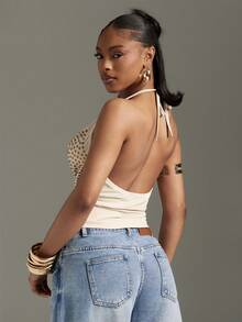 Studded Cowl Neck Halter Top Sexy Tops Clubwear Concert Outfits GNO Fashionable - Apricot - View 5