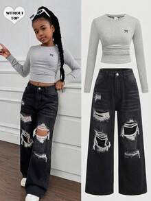 Tween Girls Blue Distressed Loose Fit Jeans - Black - View 8