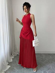 Elenzga Women's Color Block Halter Backless Elegant Waist Cinched Long Party Dress - Red - View 3
