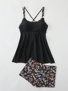 2026Swim Lushoire 成熟时尚优雅黑色复古泳装，佩斯利印花系带，细肩带环饰比基尼上衣和下装两件套 - 黑色 - 查看 5