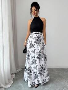 Elenzga 女士夏季新款法式拼接无袖连衣裙，独特设计印花露背撞色修身腰带连衣裙 - 彩色 - 查看 5