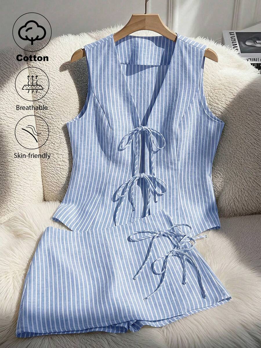Franclia Conjunto informal de 2 piezas de chaleco con nudo delantero a rayas y pantalones tipo falda para mujer - Multicolor - Ver 1
