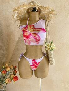 Soleia Bộ bikini gợi cảm mùa hè dành cho nữ, họa tiết hoa, kiểu buộc dây cổ, kèm áo khoác ngoài. - Nhiều màu - Xem 5