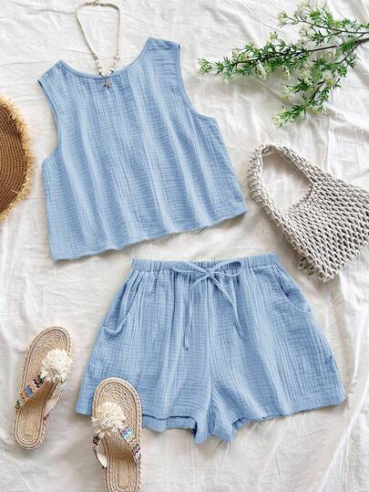 Soleia Women's Vacation Casual Loose Backless Textured Fabric A-Line Tank Top, Elastic Waist Relaxed Shorts With Pockets, Suitable For Beach & Seaside