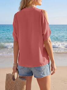 Sylviya 女士纯色简约短袖衬衫，休闲日常穿搭，女士休闲装扮，女士夏季穿搭，女士上衣和衬衫，女士夏季沙滩装，女士夏季沙滩装，女士保守款上衣，女士沙滩装，女士夏季休闲上衣 - 紅木色 - 查看 2