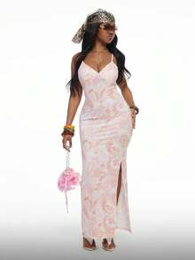 Coolane 女士春夏时尚Y2K度假风日常穿搭腰果花图案弹力粉色修身长款V领优雅连衣裙 - 粉色 - 查看 1