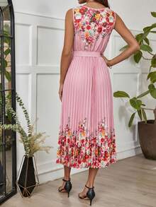 Ellevyn 女士印花系带褶皱优雅无袖中长连衣裙 夏季度假装扮 女士外出装扮 女士婚礼宾客礼服 女士印花连衣裙 女士夏季连衣裙 女士褶皱连衣裙 女士套装 - 淺粉色 - 查看 4