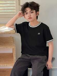 DAZY Tween-Jungen Lässig Kontrast Saum Kurzarm T-Shirt, Sommer - Schwarz - Übersicht 2